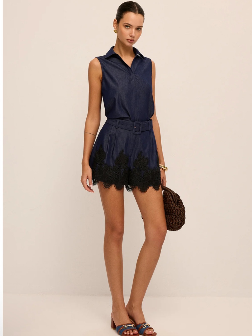Commense Navy Blue Sleeveless Top and Shorts with Black Lace Trim